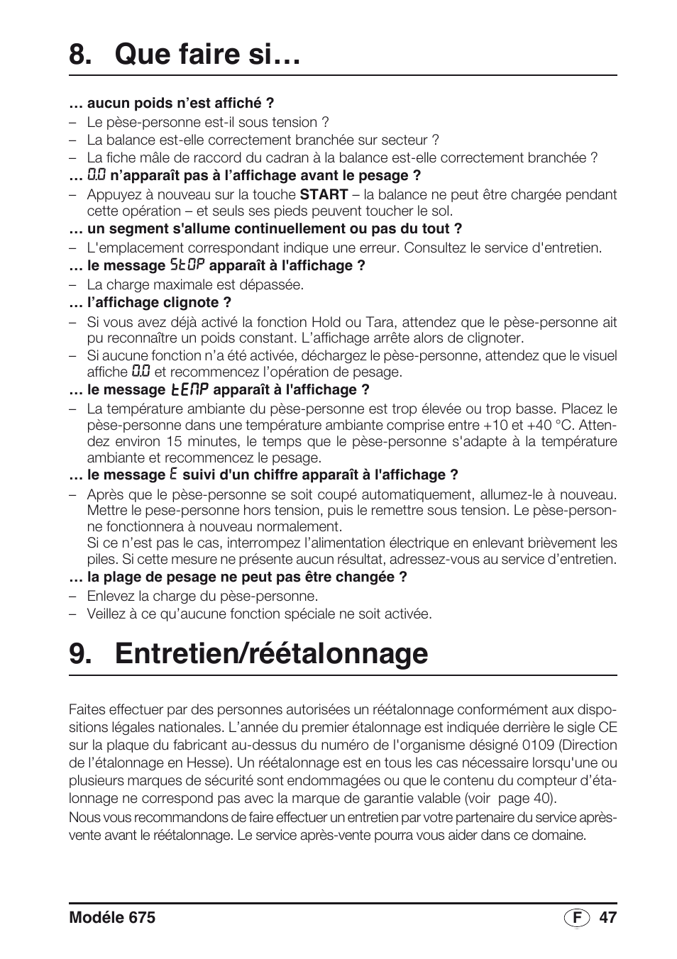 Que faire si, Entretien/réétalonnage | Seca 675 User Manual | Page 47 / 214