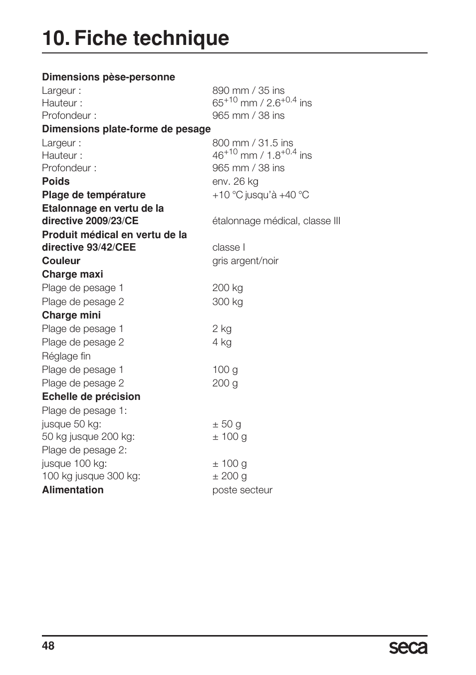 Fiche technique | Seca 675 User Manual | Page 48 / 214