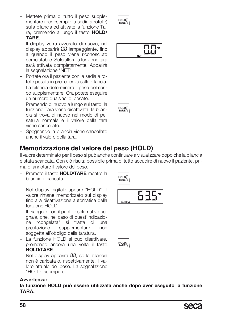 Memorizzazione del valore del peso (hold) | Seca 675 User Manual | Page 58 / 214