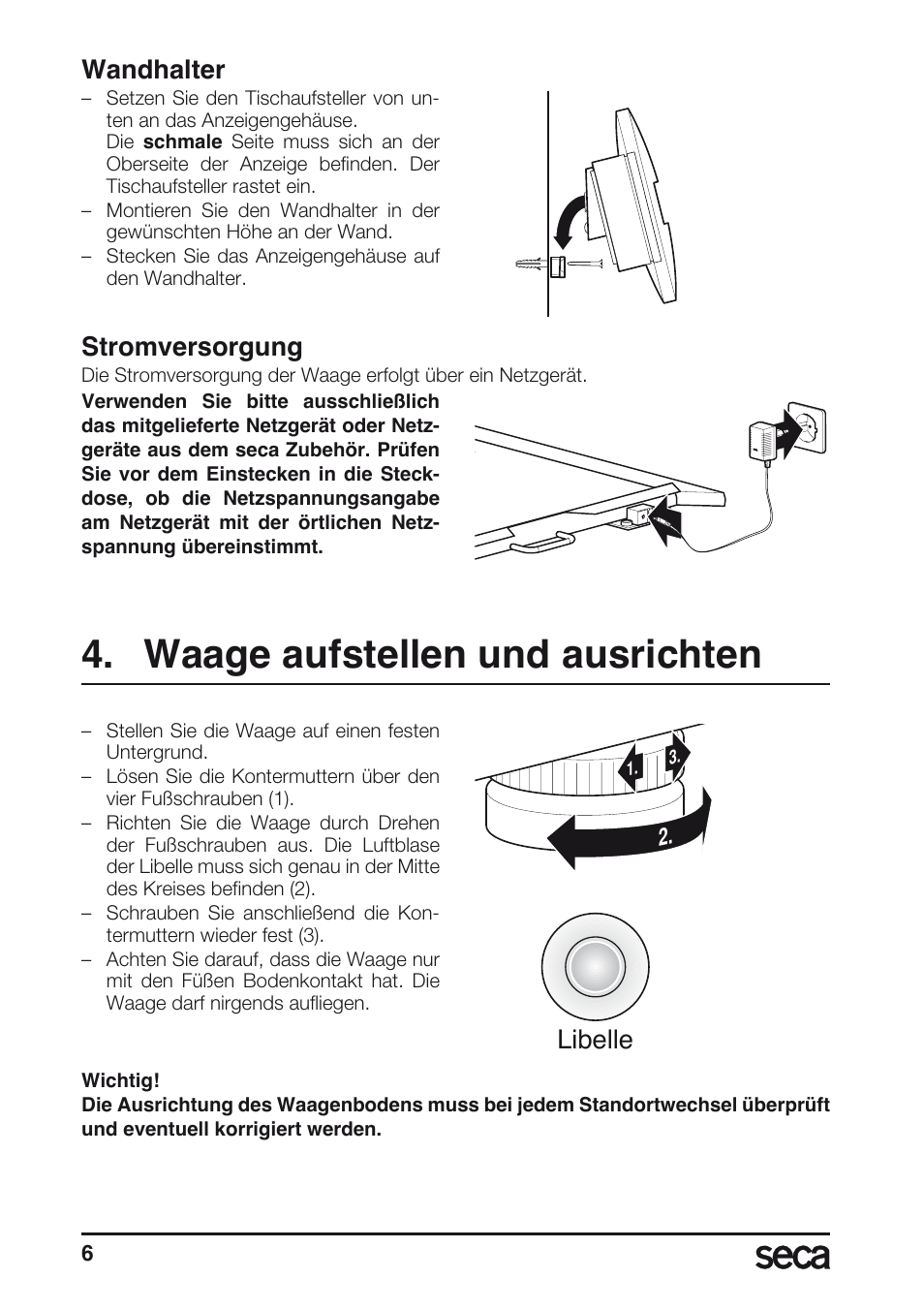 Wandhalter, Stromversorgung, Waage aufstellen und ausrichten | Libelle | Seca 675 User Manual | Page 6 / 214