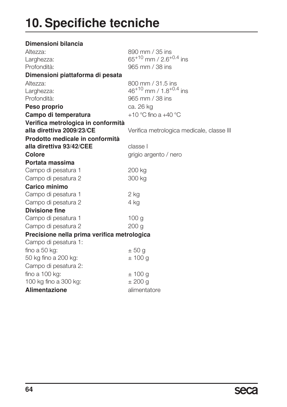 Specifiche tecniche | Seca 675 User Manual | Page 64 / 214