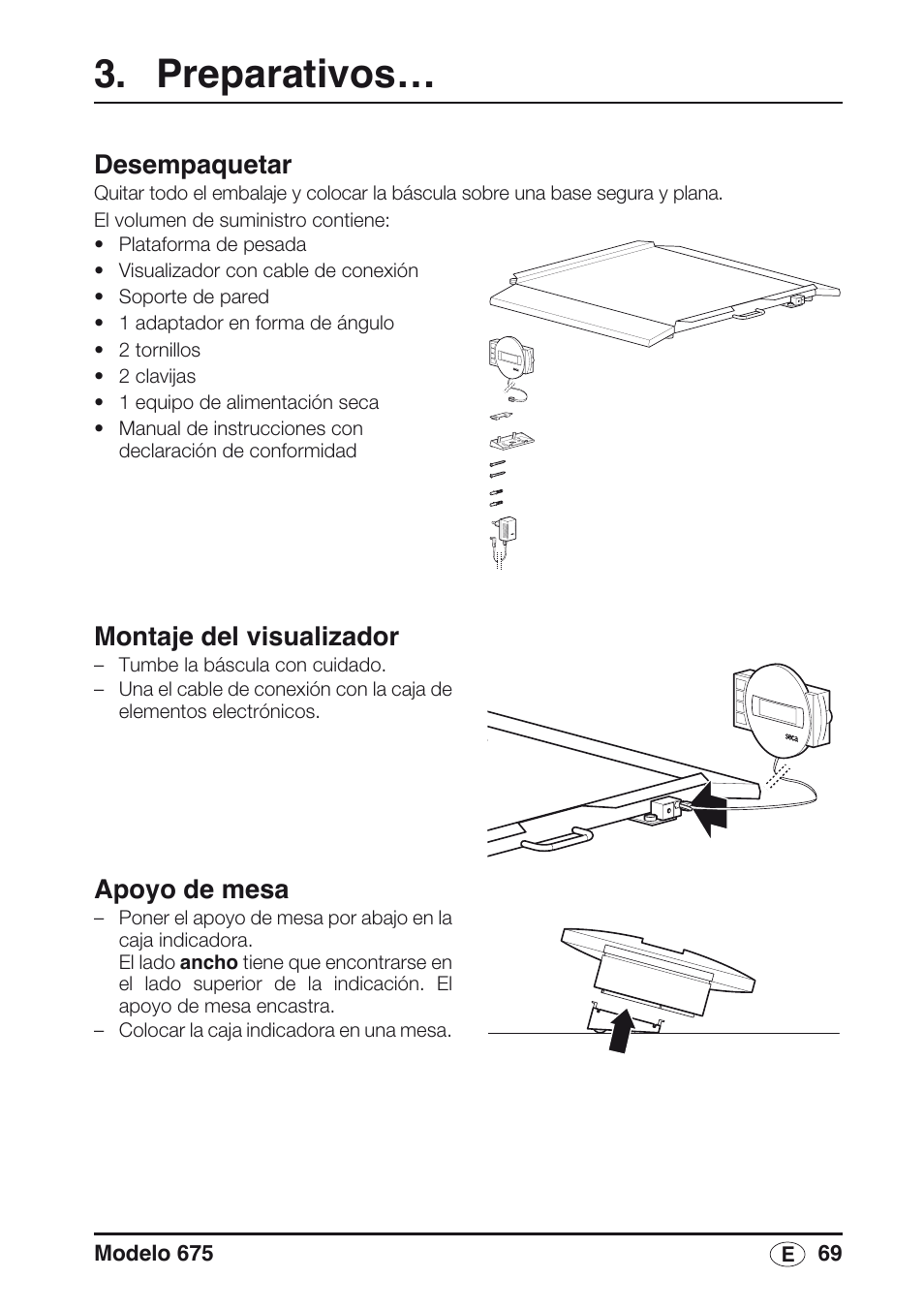 Preparativos, Desempaquetar, Montaje del visualizador | Apoyo de mesa | Seca 675 User Manual | Page 69 / 214
