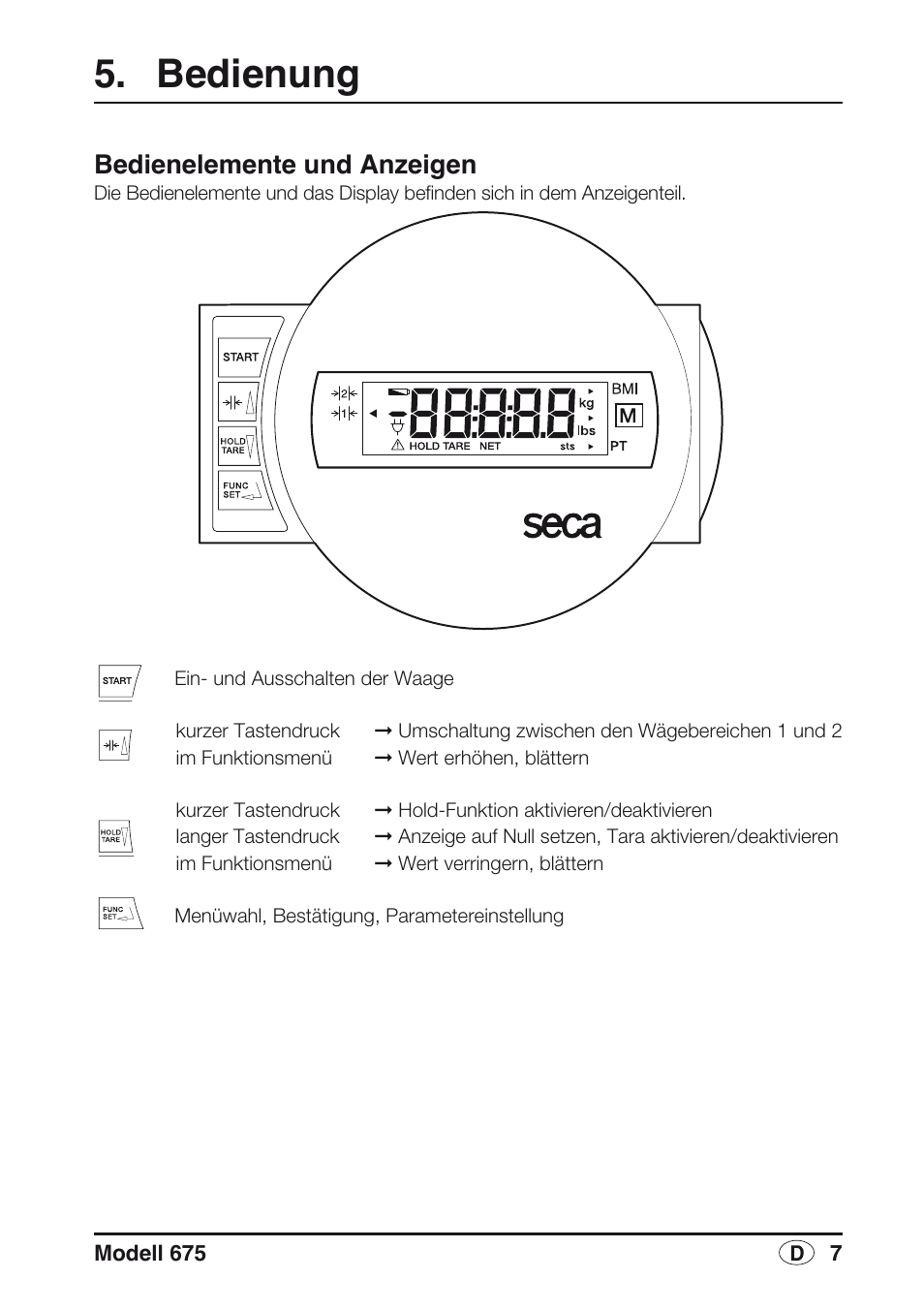 Bedienung, Bedienelemente und anzeigen | Seca 675 User Manual | Page 7 / 214
