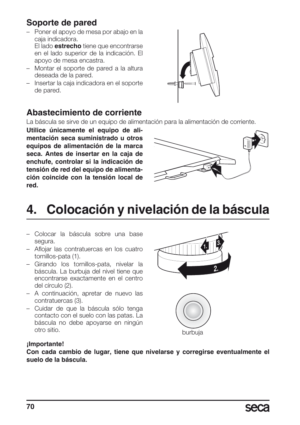 Soporte de pared, Abastecimiento de corriente, Colocación y nivelación de la báscula | Libelle | Seca 675 User Manual | Page 70 / 214