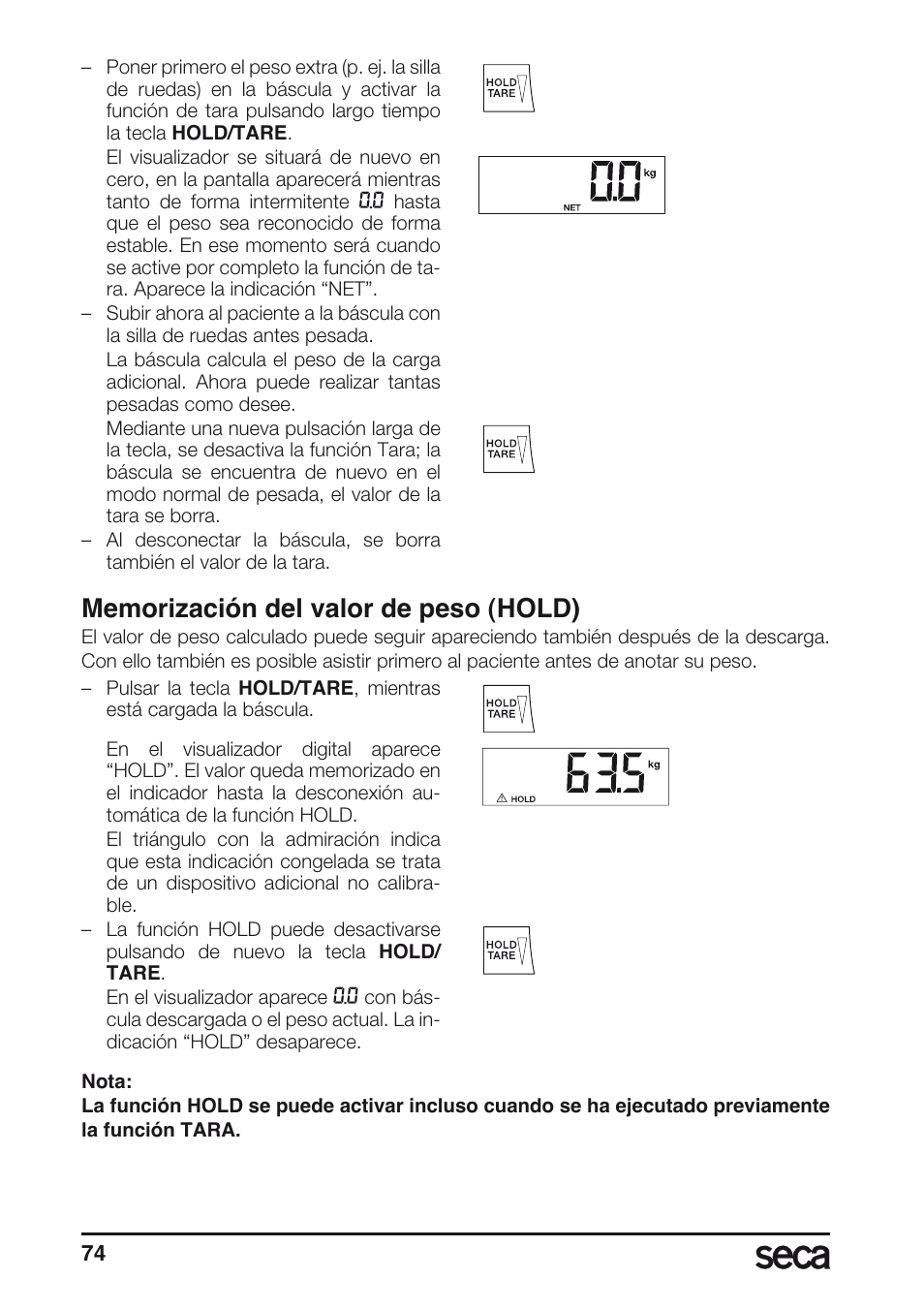 Memorización del valor de peso (hold) | Seca 675 User Manual | Page 74 / 214