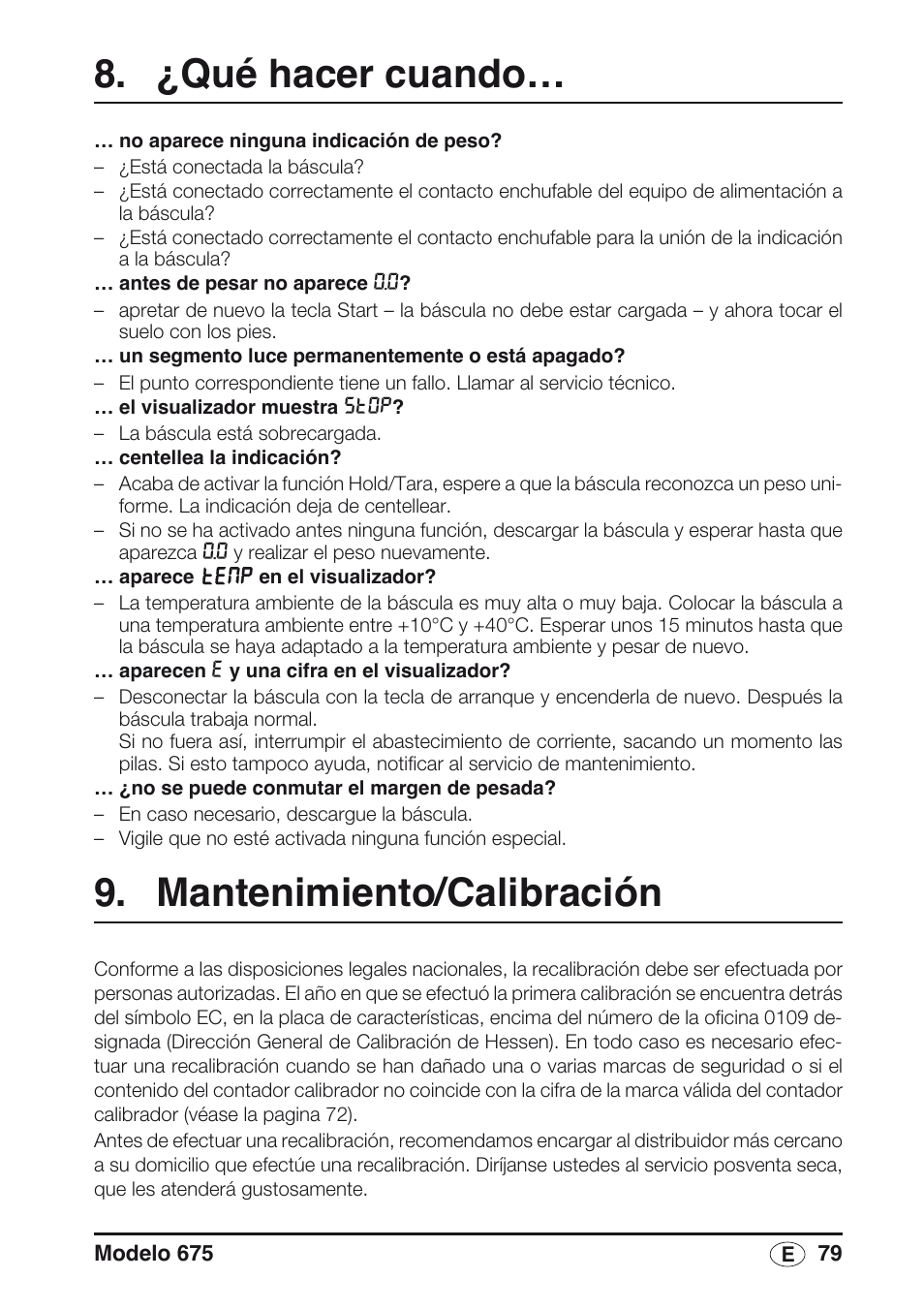 ¿qué hacer cuando, Mantenimiento/calibración | Seca 675 User Manual | Page 79 / 214
