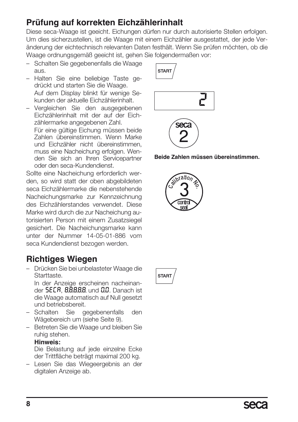 Prüfung auf korrekten eichzählerinhalt, Richtiges wiegen | Seca 675 User Manual | Page 8 / 214