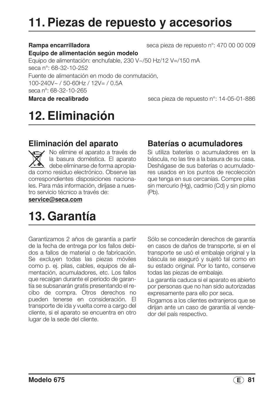 Piezas de repuesto y accesorios, Eliminación, Eliminación del aparato | Baterías y acumuladores, Garantía, Baterías o acumuladores | Seca 675 User Manual | Page 81 / 214