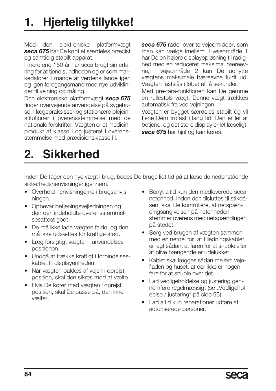 Hjertelig tillykke, Sikkerhed | Seca 675 User Manual | Page 84 / 214