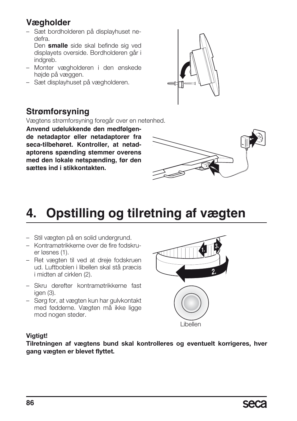 Vægholder, Strømforsyning, Opstilling og tilretning af vægten | Libelle | Seca 675 User Manual | Page 86 / 214