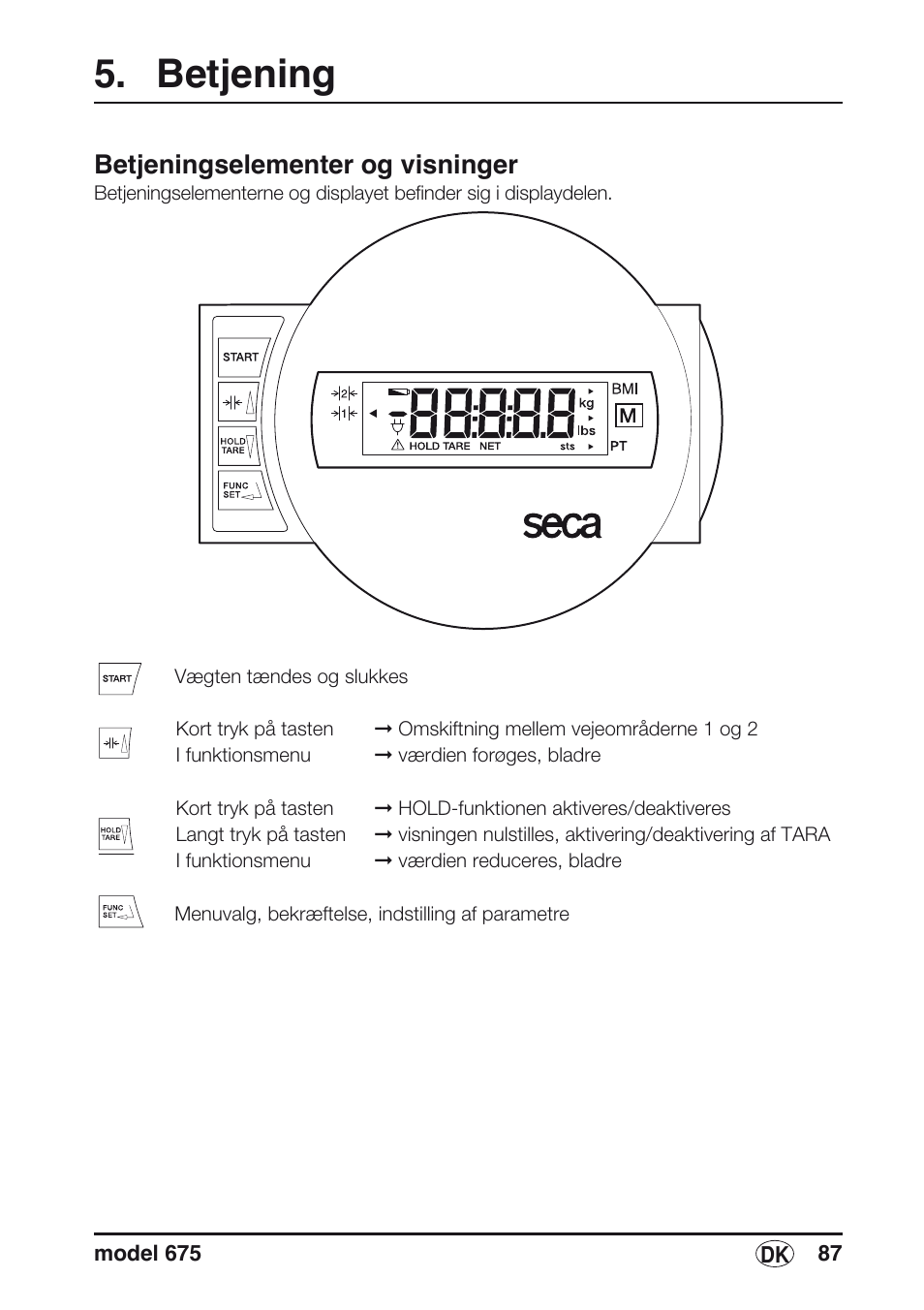 Betjening, Betjeningselementer og visninger | Seca 675 User Manual | Page 87 / 214