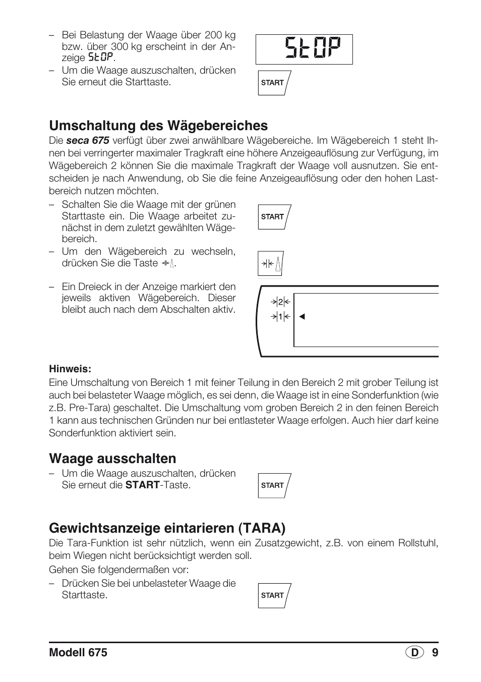 Umschaltung des wägebereiches, Waage ausschalten, Gewichtsanzeige eintarieren (tara) | Seca 675 User Manual | Page 9 / 214