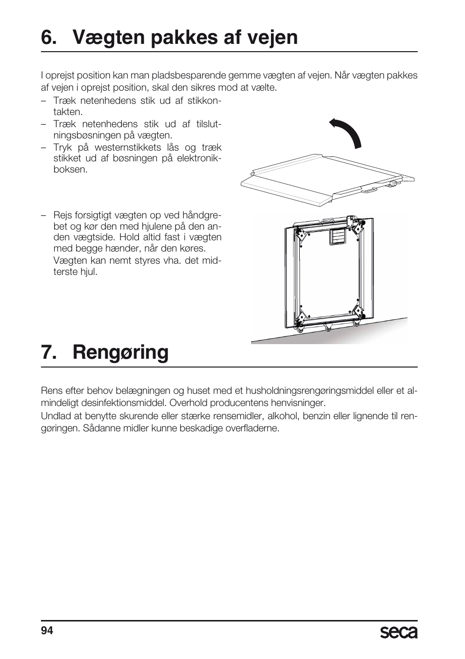 Vægten pakkes af vejen, Rengøring | Seca 675 User Manual | Page 94 / 214