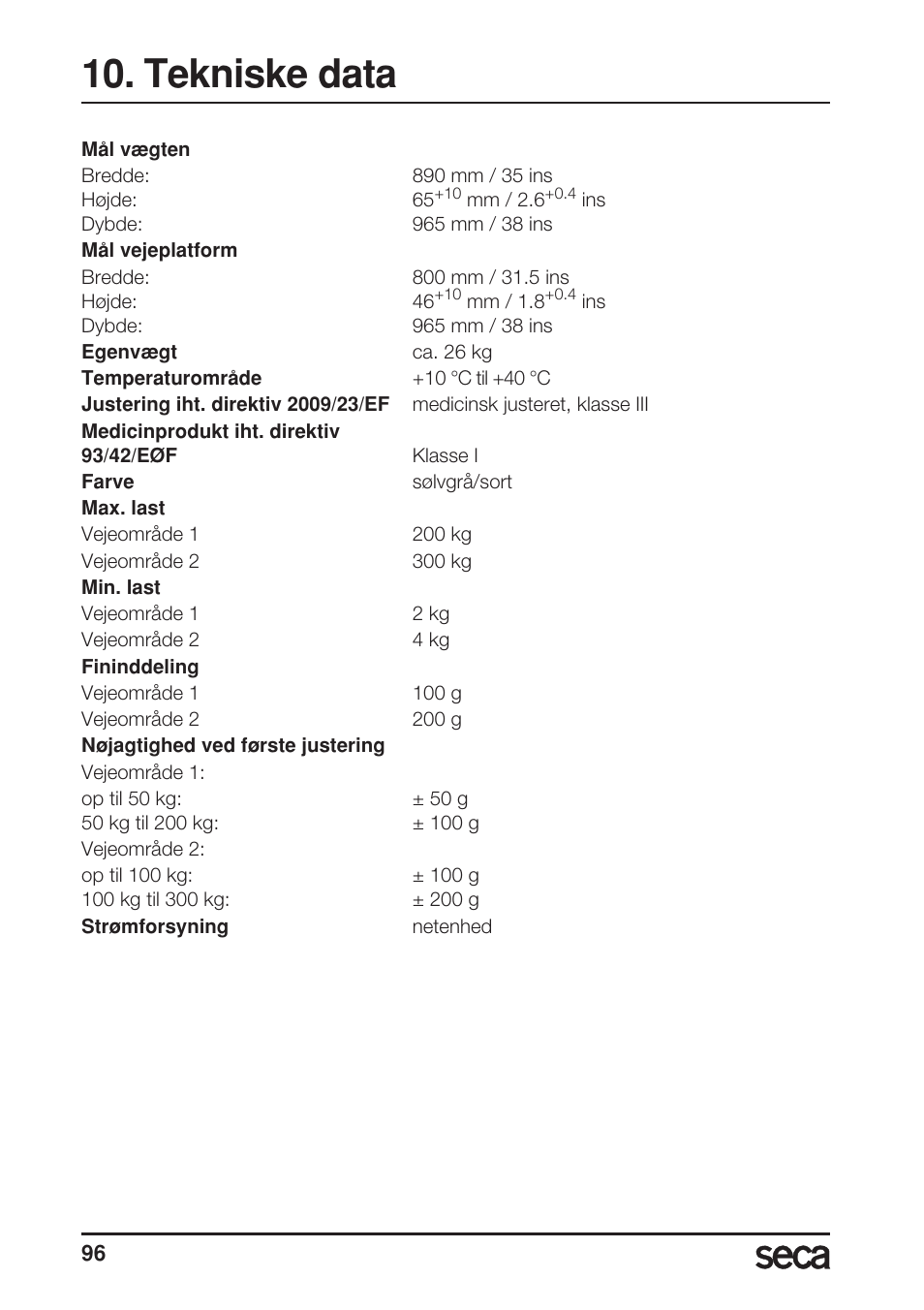 Tekniske data | Seca 675 User Manual | Page 96 / 214