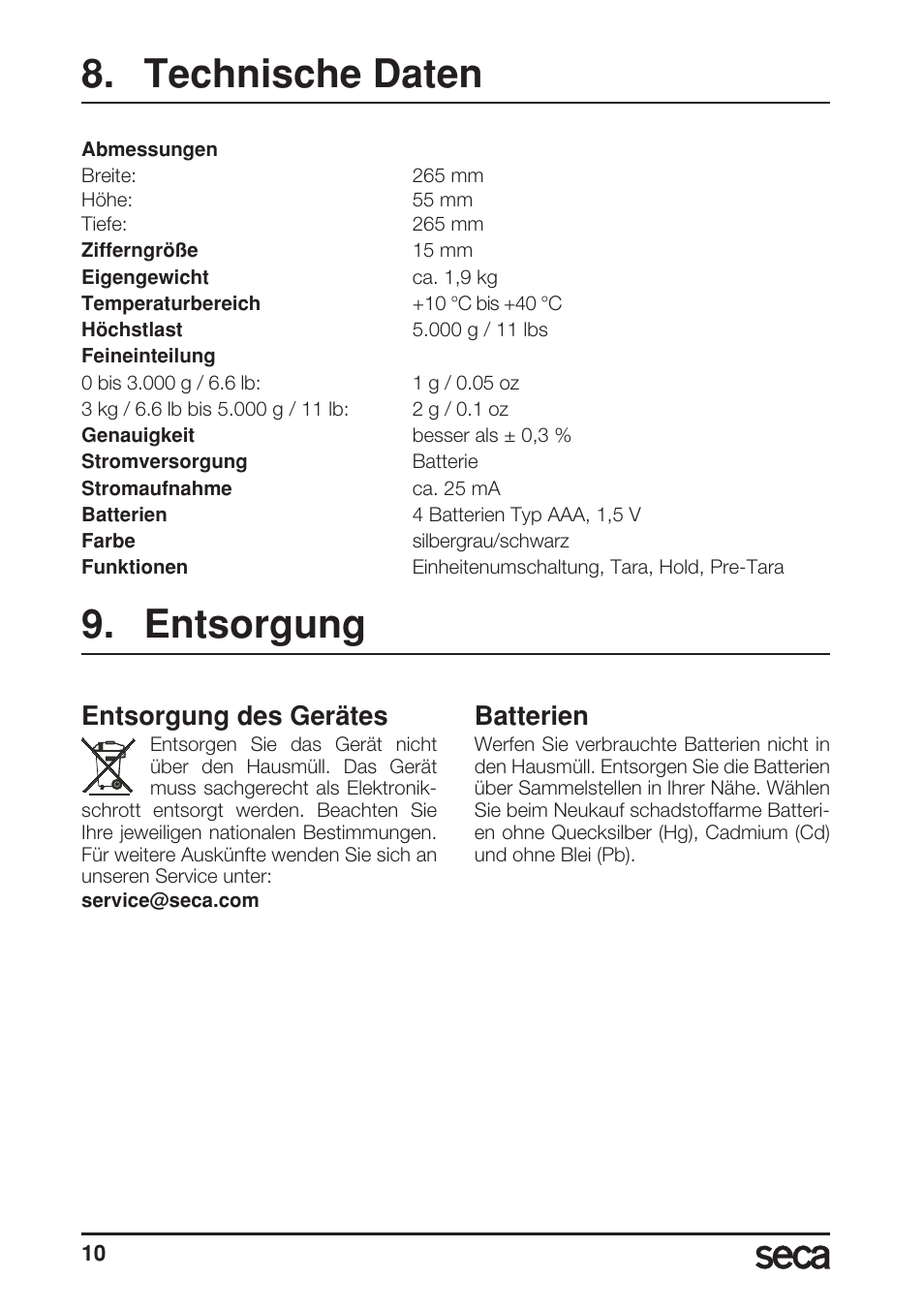 Technische daten, Entsorgung, Entsorgung des gerätes | Batterien | Seca 856 User Manual | Page 10 / 65