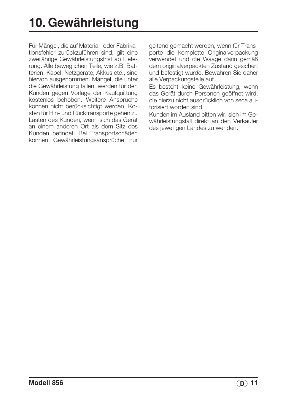 Gewährleistung | Seca 856 User Manual | Page 11 / 65