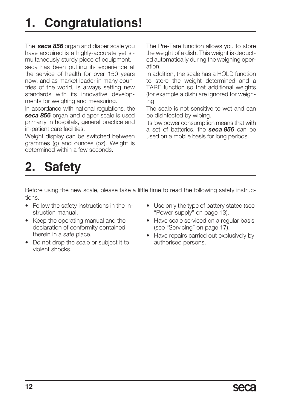 English, Congratulations, Safety | Seca 856 User Manual | Page 12 / 65