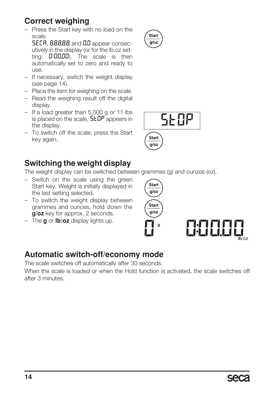 Correct weighing, Switching the weight display, Automatic switch-off/economy mode | Seca 856 User Manual | Page 14 / 65