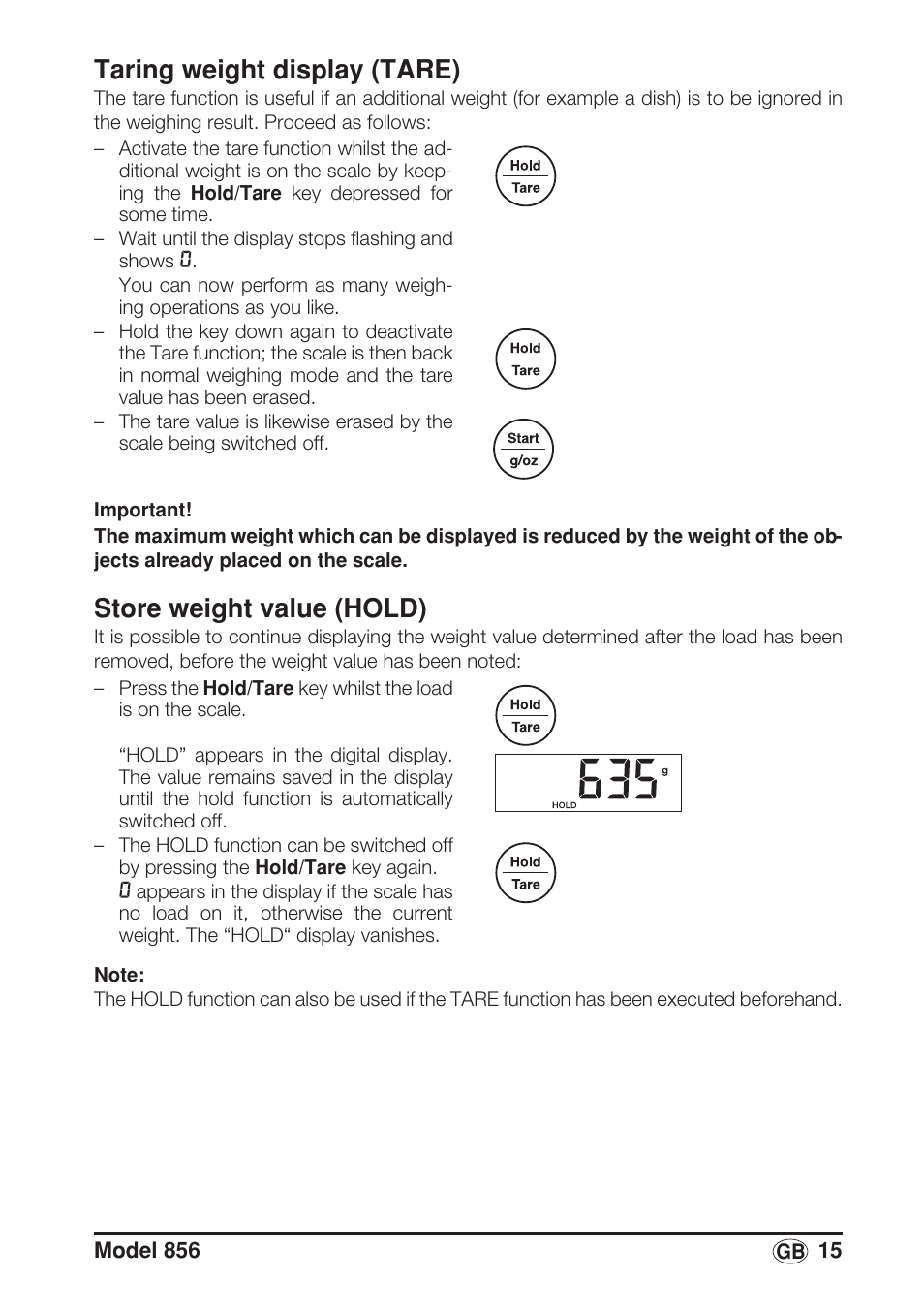 Taring weight display (tare), Store weight value (hold) | Seca 856 User Manual | Page 15 / 65