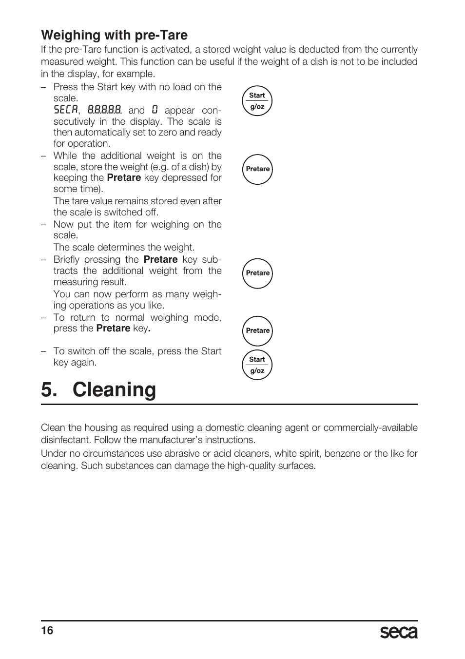 Weighing with pre-tare, Cleaning | Seca 856 User Manual | Page 16 / 65