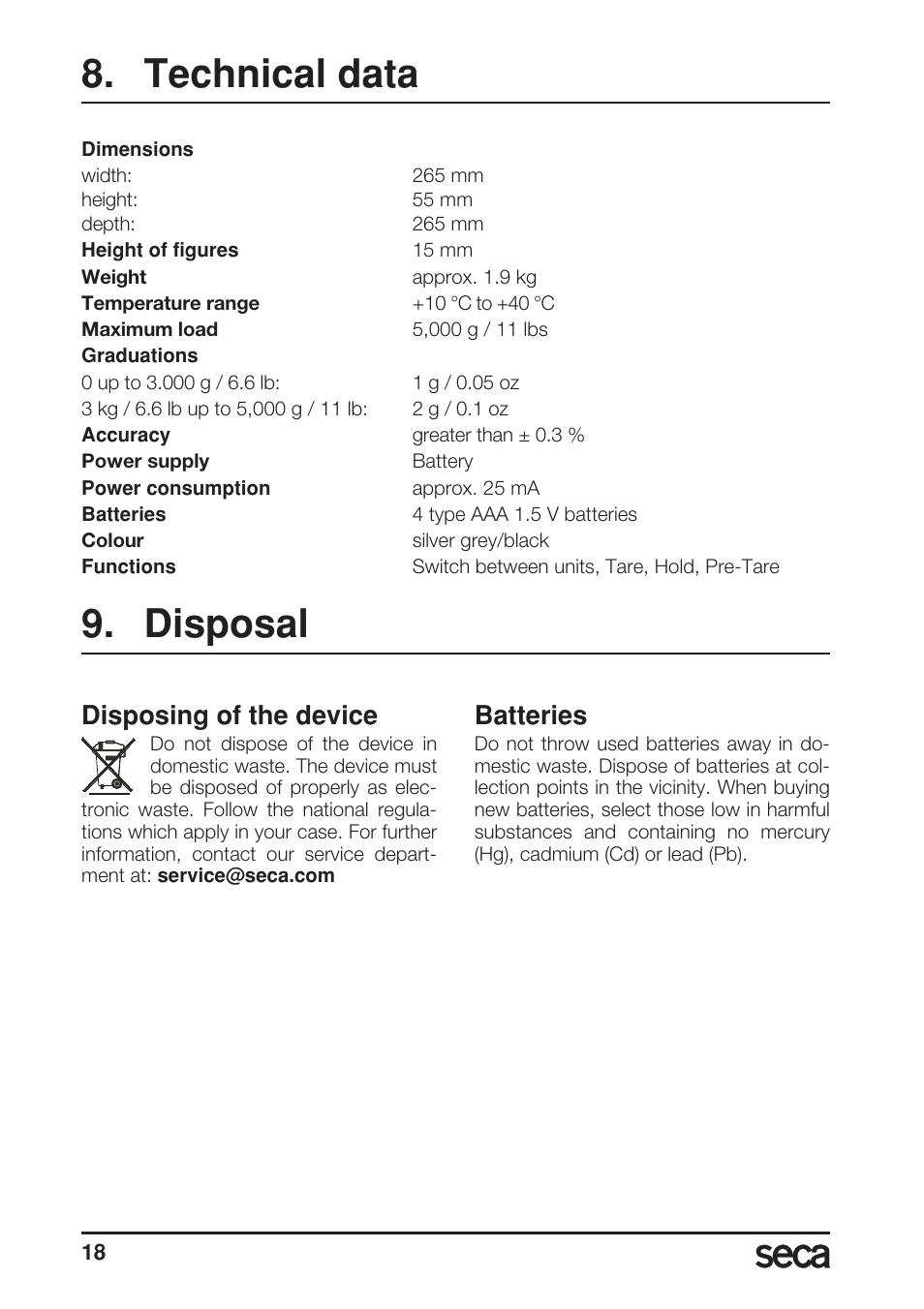 Technical data, Disposal, Disposing of the device | Batteries | Seca 856 User Manual | Page 18 / 65