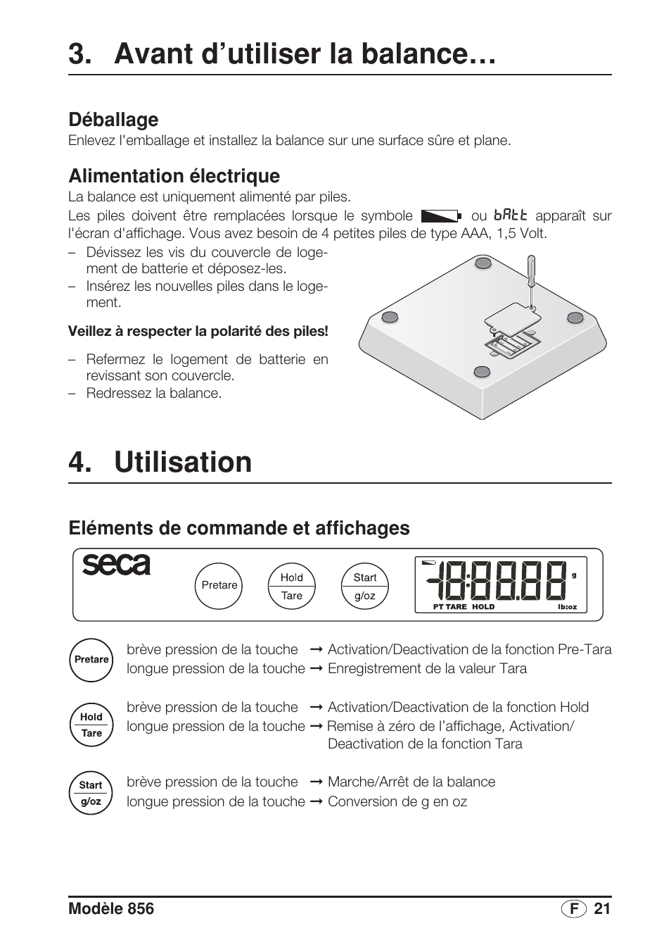 Avant d’utiliser la balance, Déballage, Alimentation électrique | Utilisation, Eléments de commande et affichages, Indiqué (voir «alimentation électrique» à, Veillez à effectuer régulièrement l’entre | Seca 856 User Manual | Page 21 / 65