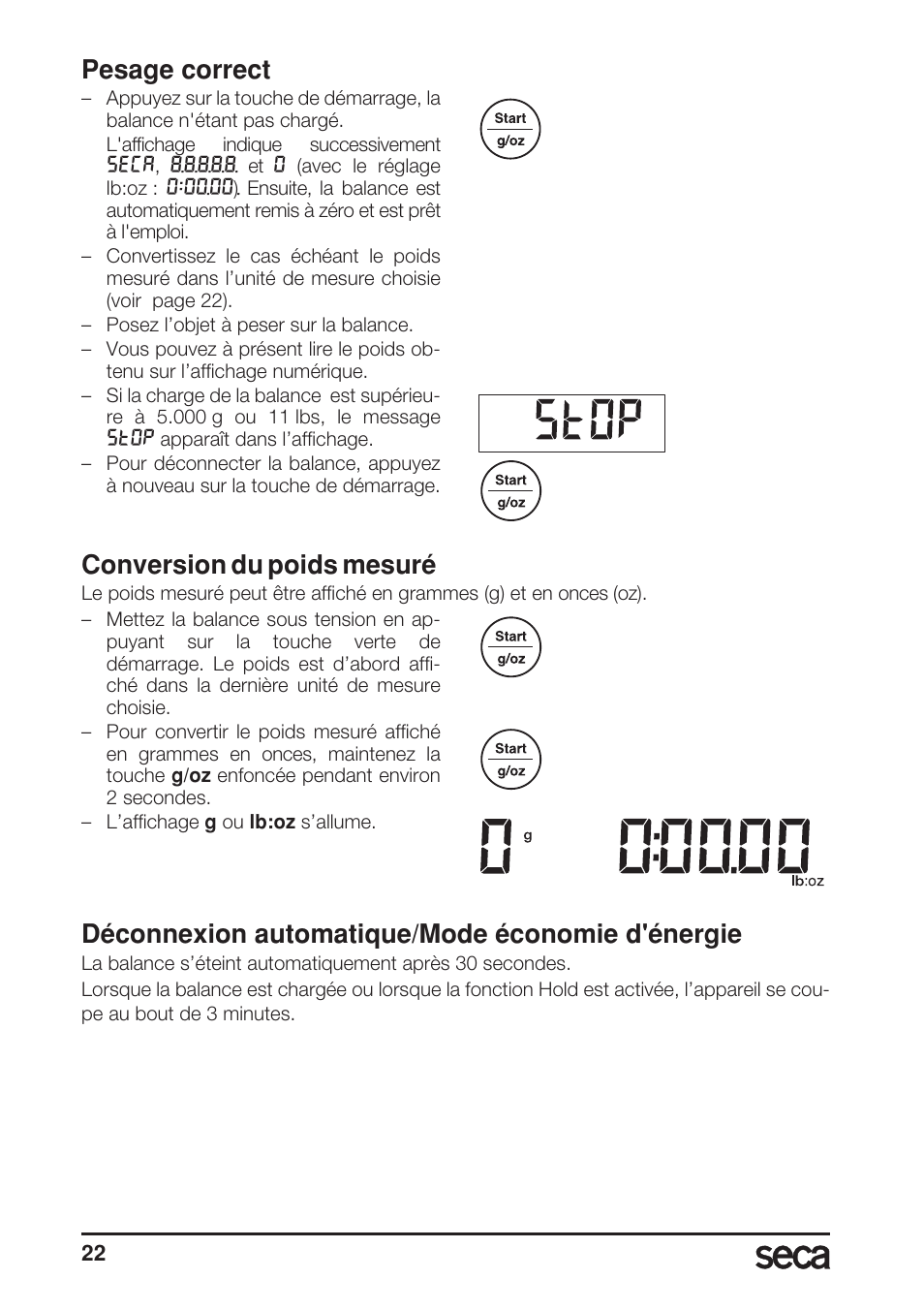 Pesage correct, Conversion du poids mesuré, Déconnexion automatique/mode économie d'énergie | Seca 856 User Manual | Page 22 / 65