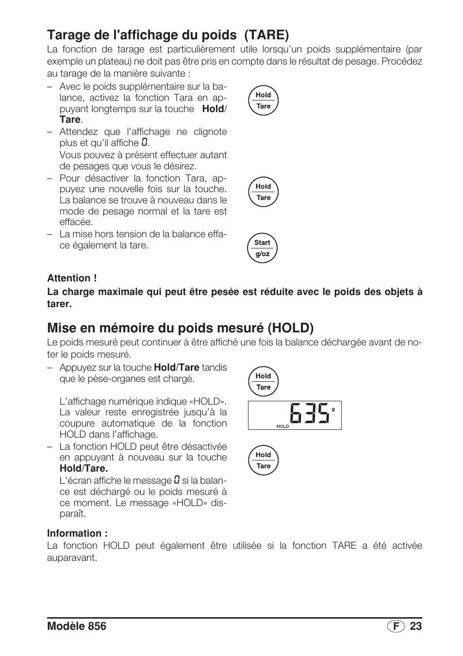 Tarage de l'affichage du poids (tare), Mise en mémoire du poids mesuré (hold) | Seca 856 User Manual | Page 23 / 65