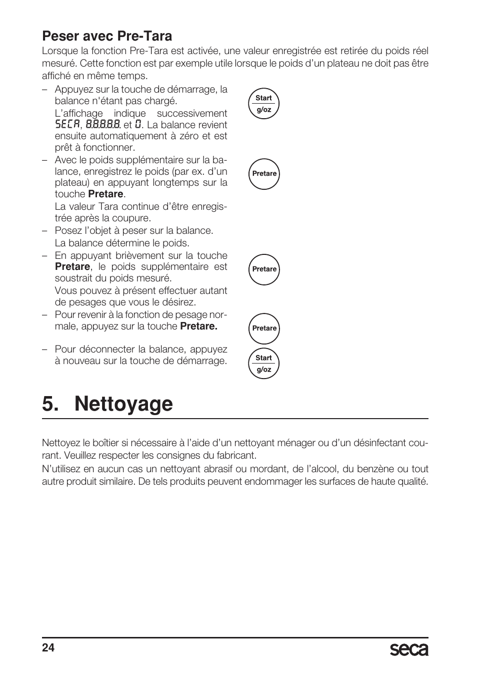 Peser avec pre-tara, Nettoyage | Seca 856 User Manual | Page 24 / 65