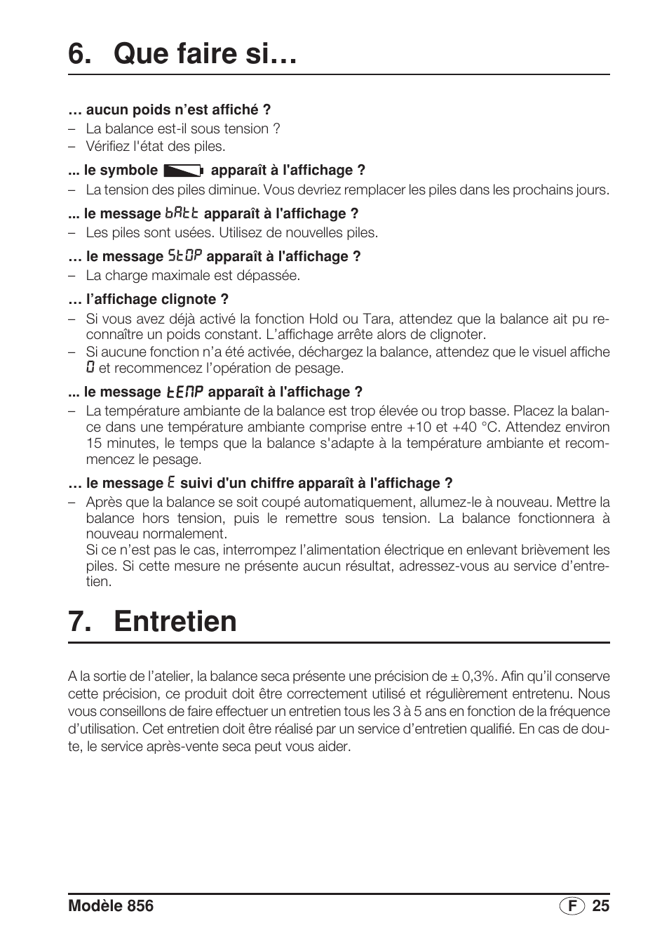 Que faire si, Entretien, Les réparations peuvent être effec | Tuées exclusivement par des techni | Seca 856 User Manual | Page 25 / 65