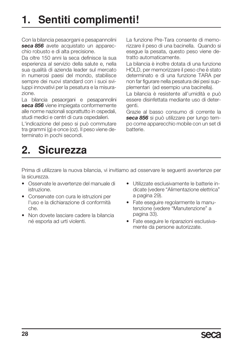 Italiano, Sentiti complimenti, Sicurezza | Seca 856 User Manual | Page 28 / 65