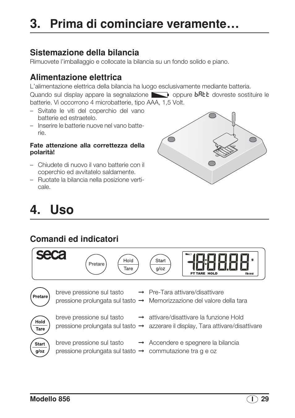 Prima di cominciare veramente, Sistemazione della bilancia, Alimentazione elettrica | Comandi ed indicatori, Fate eseguire regolarmente la manu | Seca 856 User Manual | Page 29 / 65