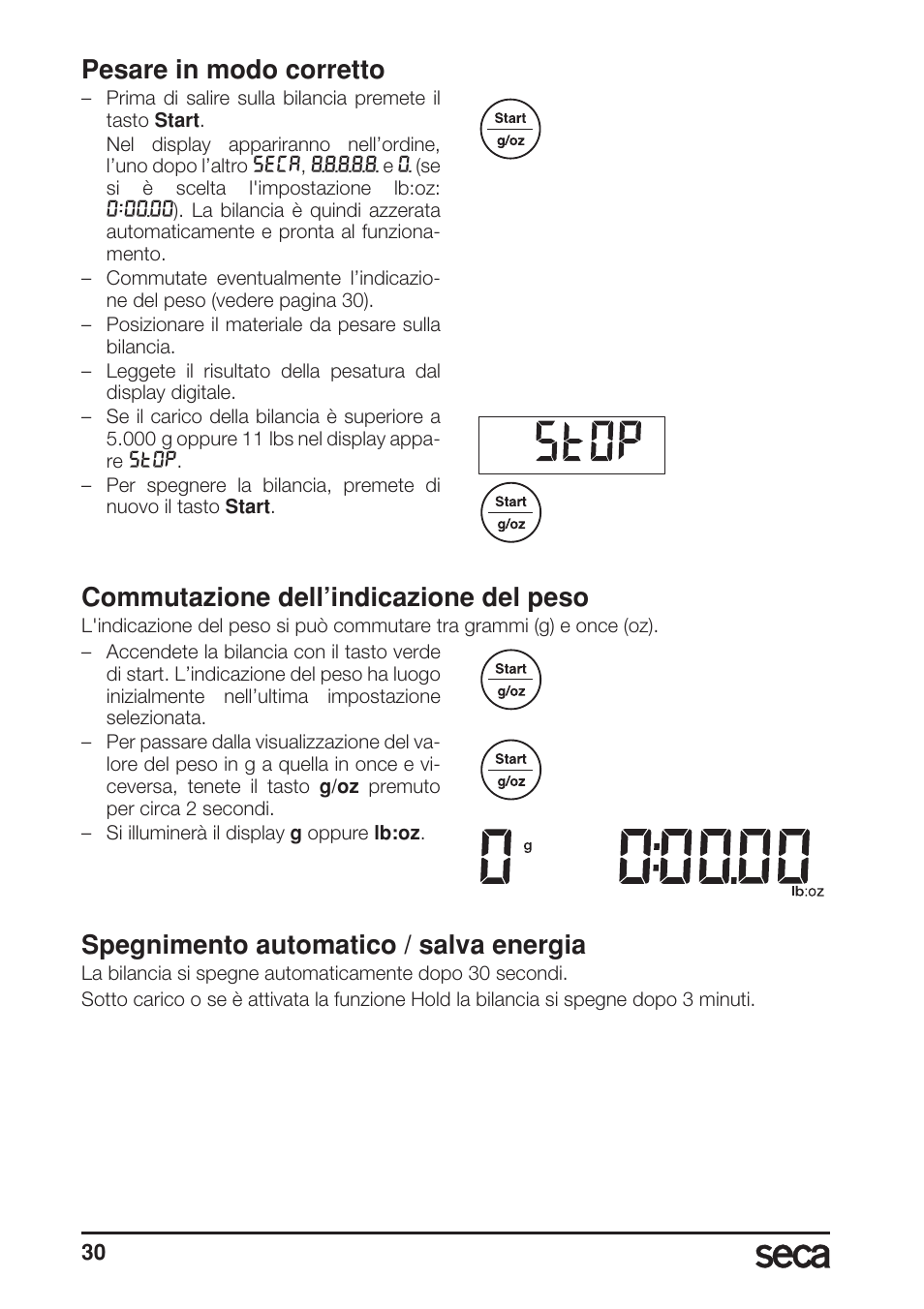 Pesare in modo corretto, Commutazione dell’indicazione del peso, Spegnimento automatico / salva energia | Seca 856 User Manual | Page 30 / 65