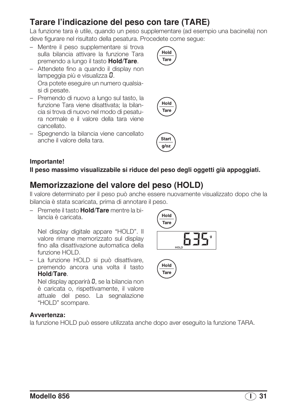 Tarare l’indicazione del peso con tare (tare), Memorizzazione del valore del peso (hold) | Seca 856 User Manual | Page 31 / 65