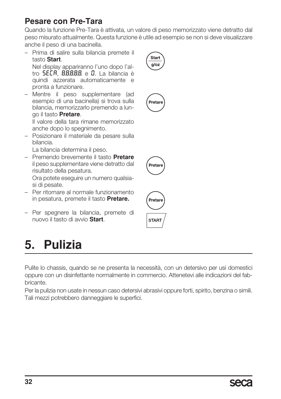 Pesare con pre-tara, Pulizia | Seca 856 User Manual | Page 32 / 65