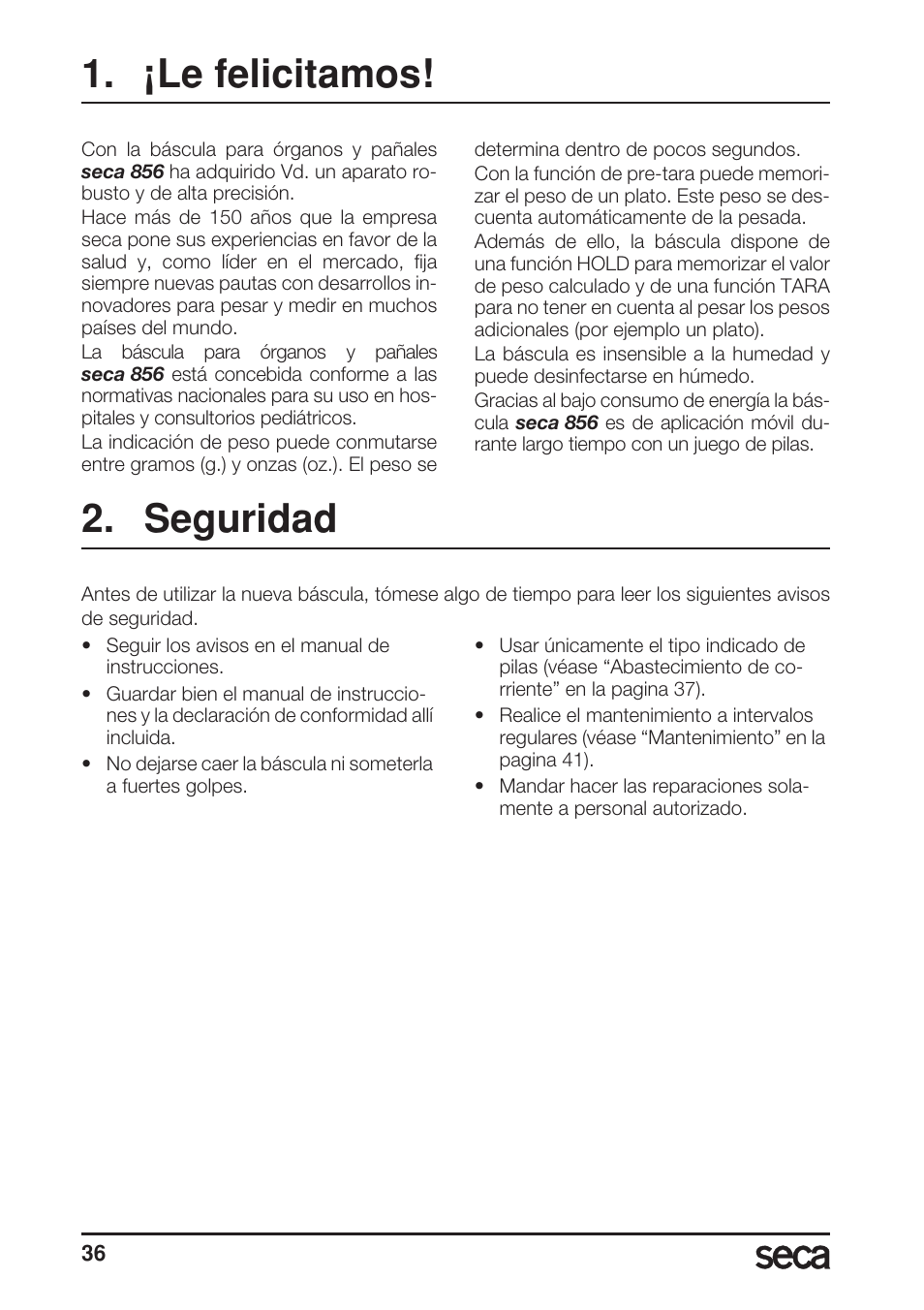 Español, ¡le felicitamos, Seguridad | Seca 856 User Manual | Page 36 / 65