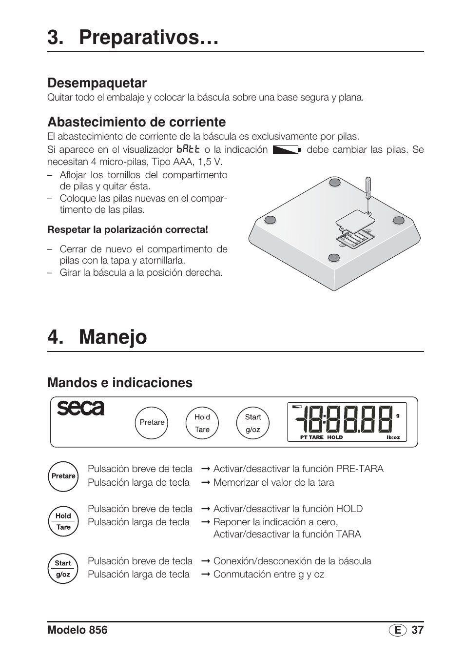 Preparativos, Desempaquetar, Abastecimiento de corriente | Manejo, Mandos e indicaciones, Realice el mantenimiento a intervalos, Regulares | Seca 856 User Manual | Page 37 / 65