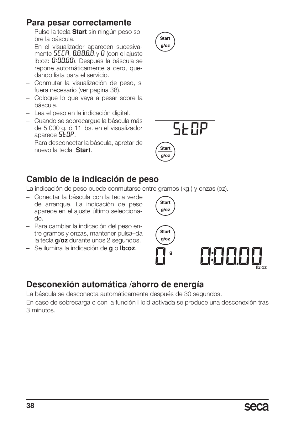 Para pesar correctamente, Cambio de la indicación de peso, Desconexión automática /ahorro de energía | Seca 856 User Manual | Page 38 / 65