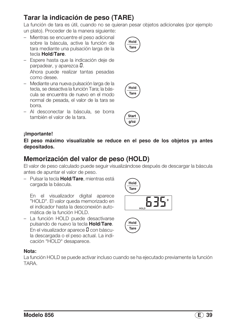 Tarar la indicación de peso (tare), Memorización del valor de peso (hold) | Seca 856 User Manual | Page 39 / 65