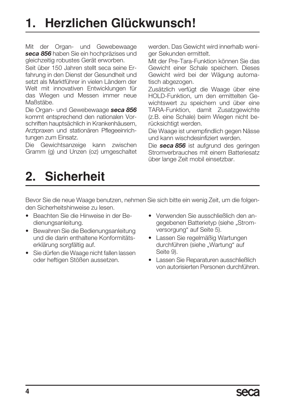Deutsch, Herzlichen glückwunsch, Sicherheit | Seca 856 User Manual | Page 4 / 65