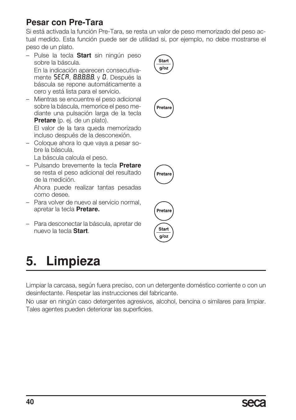 Pesar con pre-tara, Limpieza | Seca 856 User Manual | Page 40 / 65