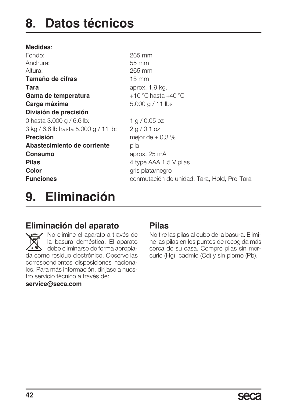 Datos técnicos, Eliminación, Eliminación del aparato | Pilas | Seca 856 User Manual | Page 42 / 65