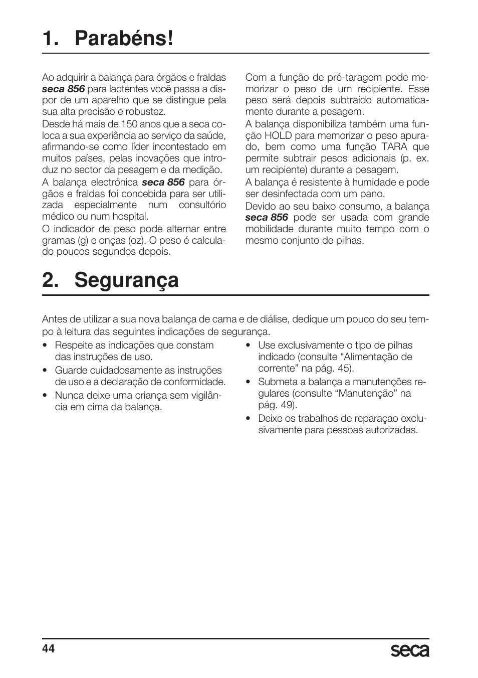 Português, Parabéns, Segurança | Seca 856 User Manual | Page 44 / 65