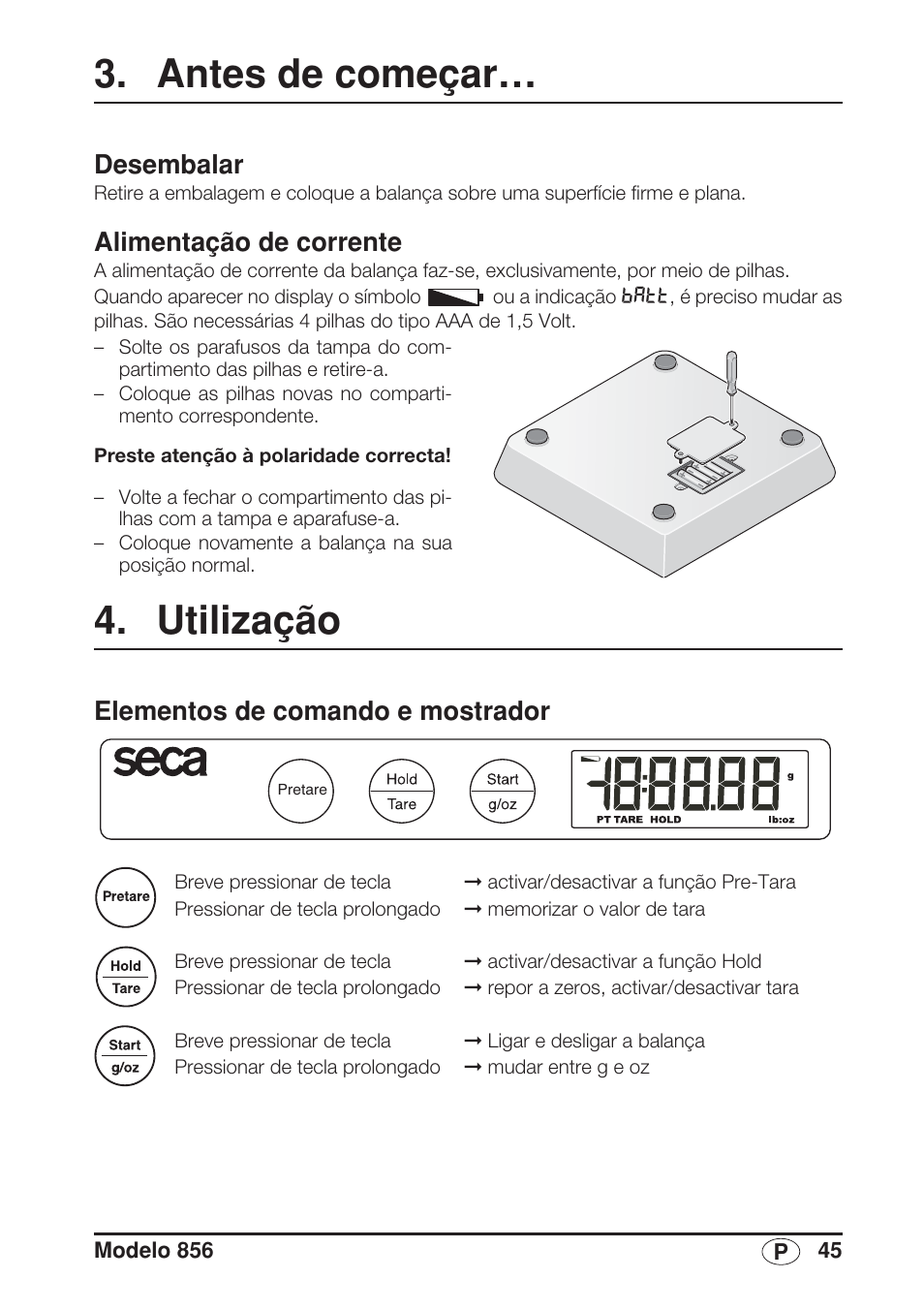 Antes de começar, Desembalar, Alimentação de corrente | Utilização, Elementos de comando e mostrador | Seca 856 User Manual | Page 45 / 65