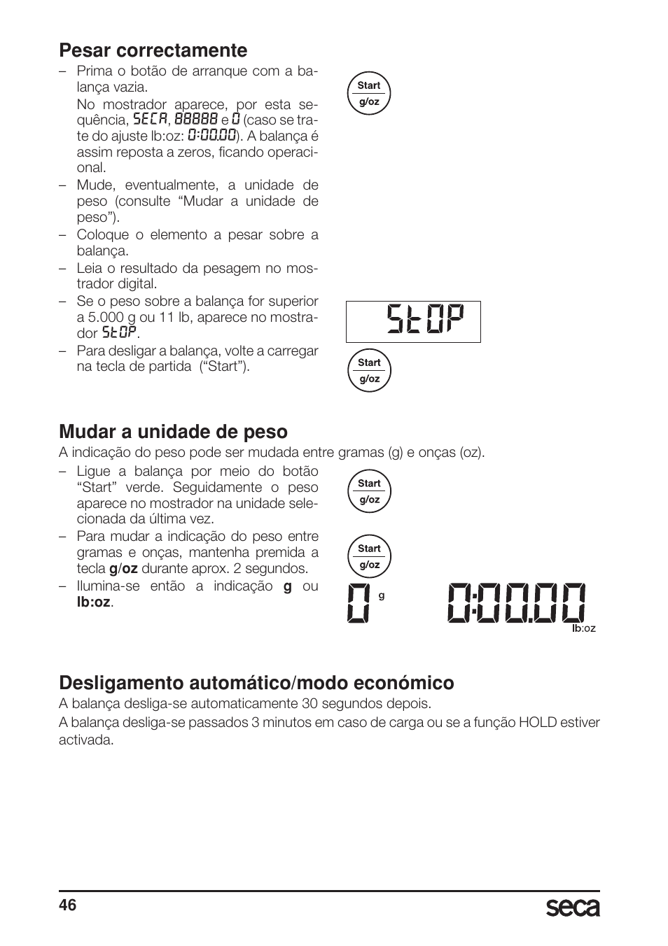 Pesar correctamente, Mudar a unidade de peso, Desligamento automático/modo económico | Seca 856 User Manual | Page 46 / 65