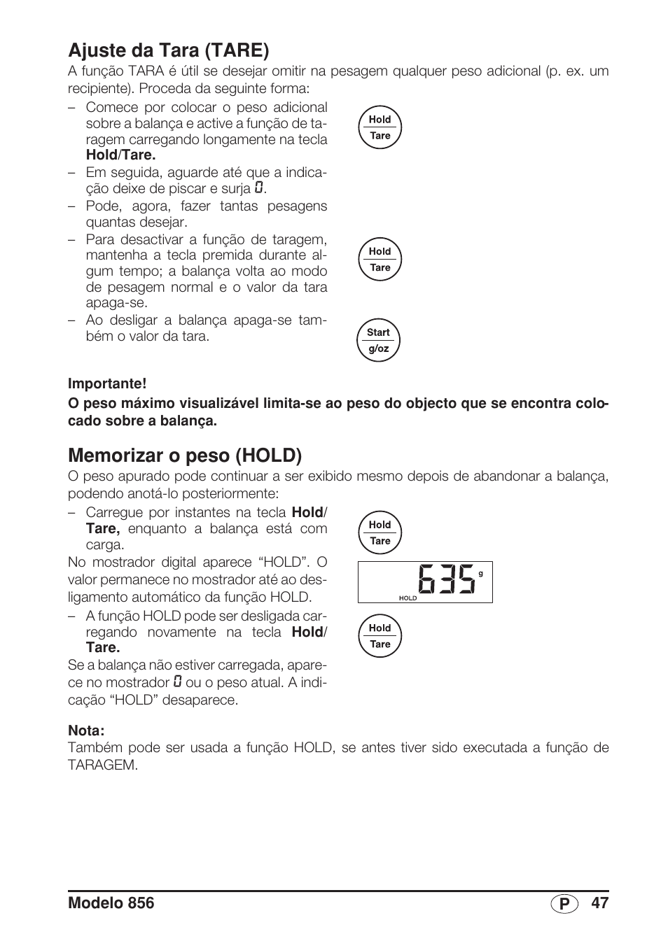 Ajuste da tara (tare), Memorizar o peso (hold) | Seca 856 User Manual | Page 47 / 65