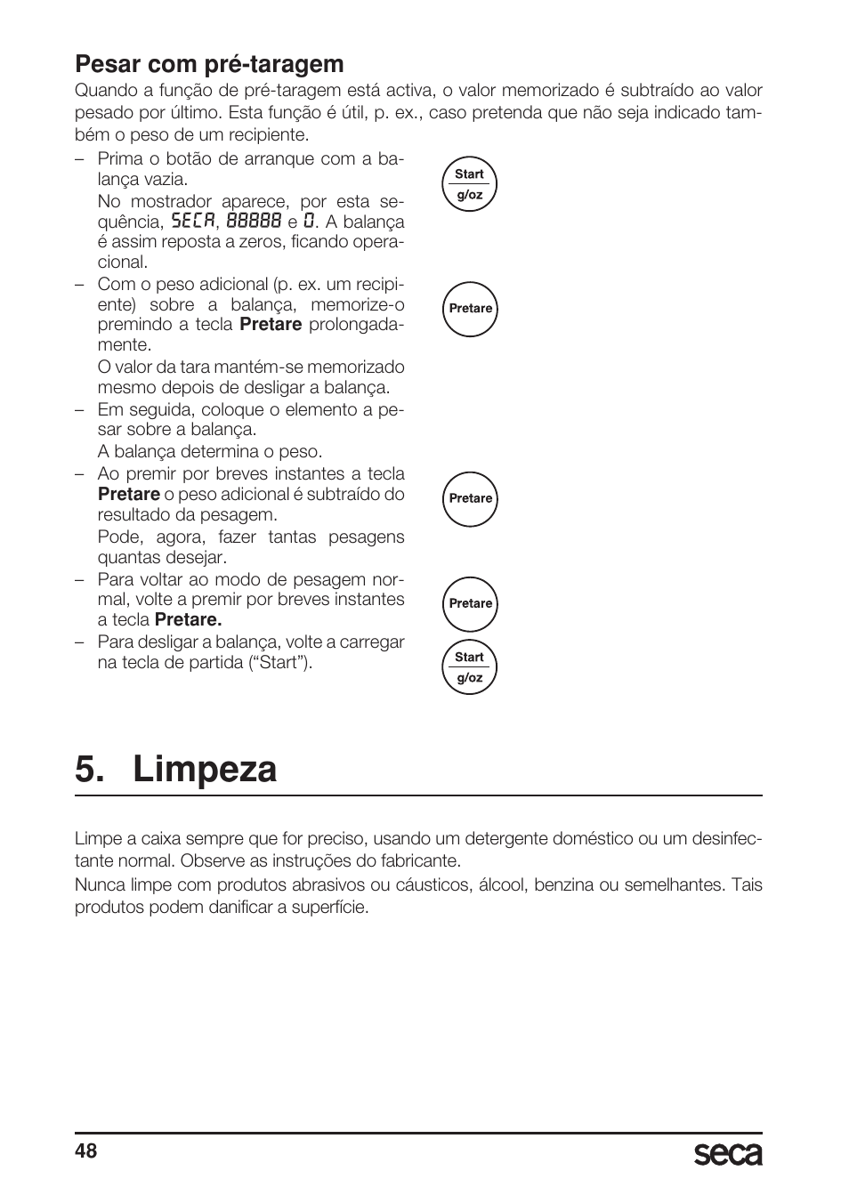 Pesar com pré-taragem, Limpeza | Seca 856 User Manual | Page 48 / 65