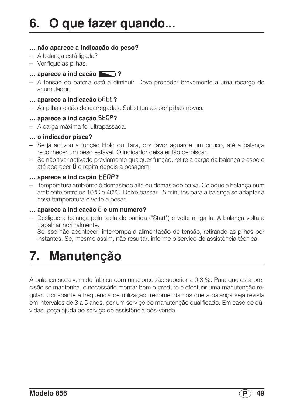 O que fazer quando, Manutenção | Seca 856 User Manual | Page 49 / 65