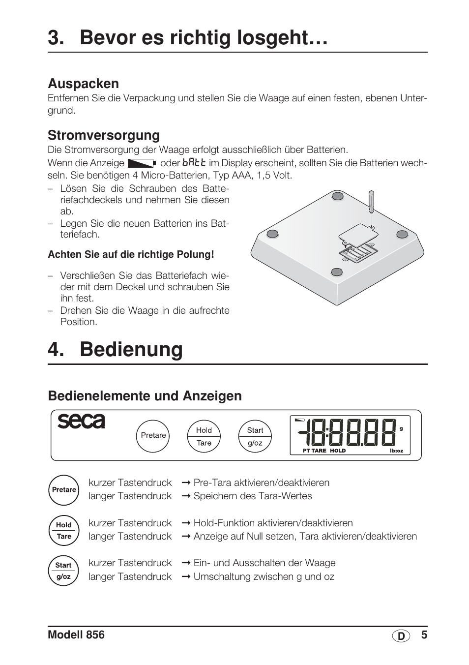 Bevor es richtig losgeht, Auspacken, Stromversorgung | Bedienung, Bedienelemente und anzeigen, Gegebenen batterietyp, Siehe, Strom, Versorgung, Auf seite | Seca 856 User Manual | Page 5 / 65