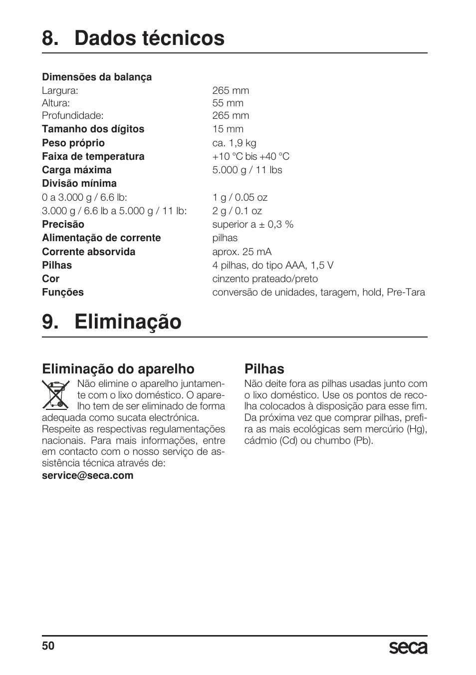 Dados técnicos, Eliminação, Eliminação do aparelho | Pilhas | Seca 856 User Manual | Page 50 / 65